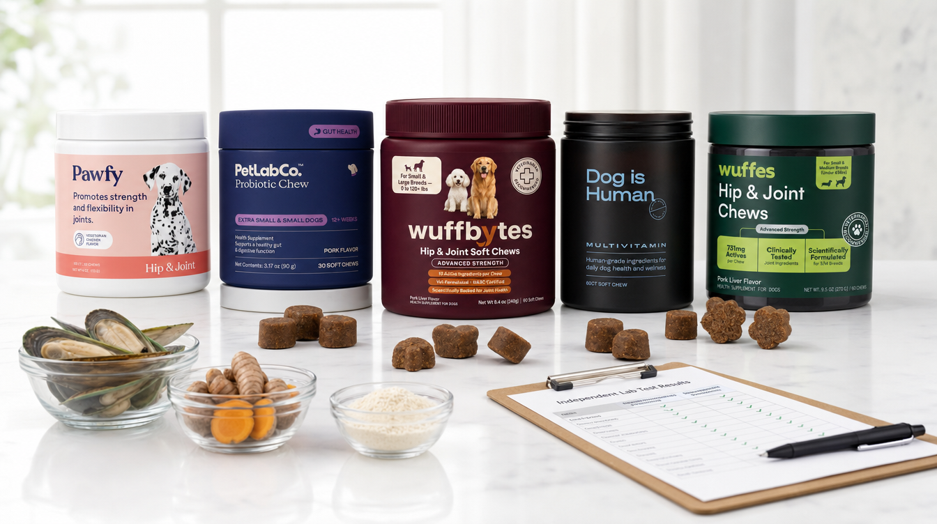 Studio lineup of five dog hip and joint supplement jars with ingredient bowls and a testing clipboard